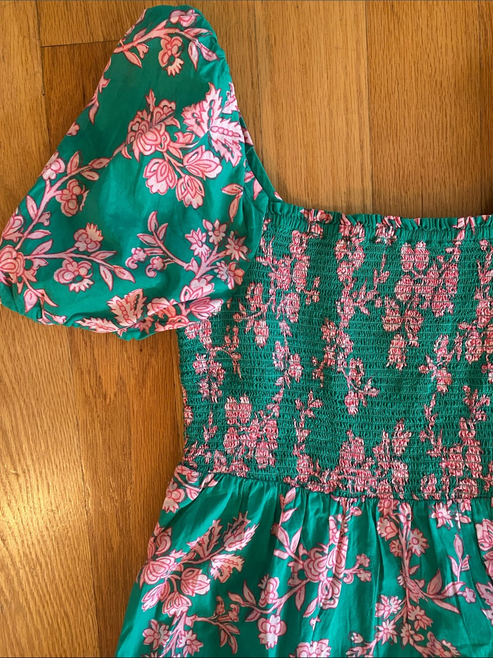 J. Crew Green Floral Smocked Midi Dress with Puff Sleeves - Picture 2 of 3